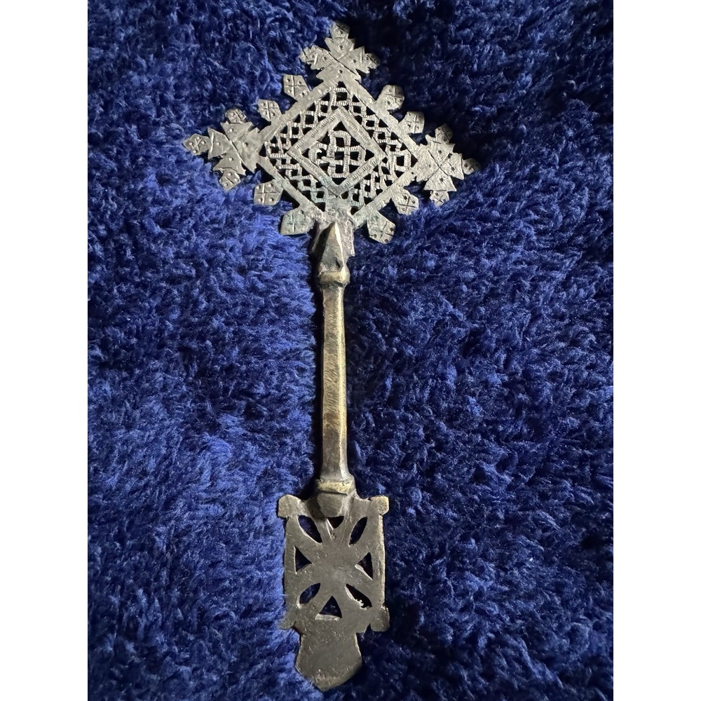 Vintage Ethiopian Brass Hand Cross Coptic Church Art 8.5 x 4 Inches